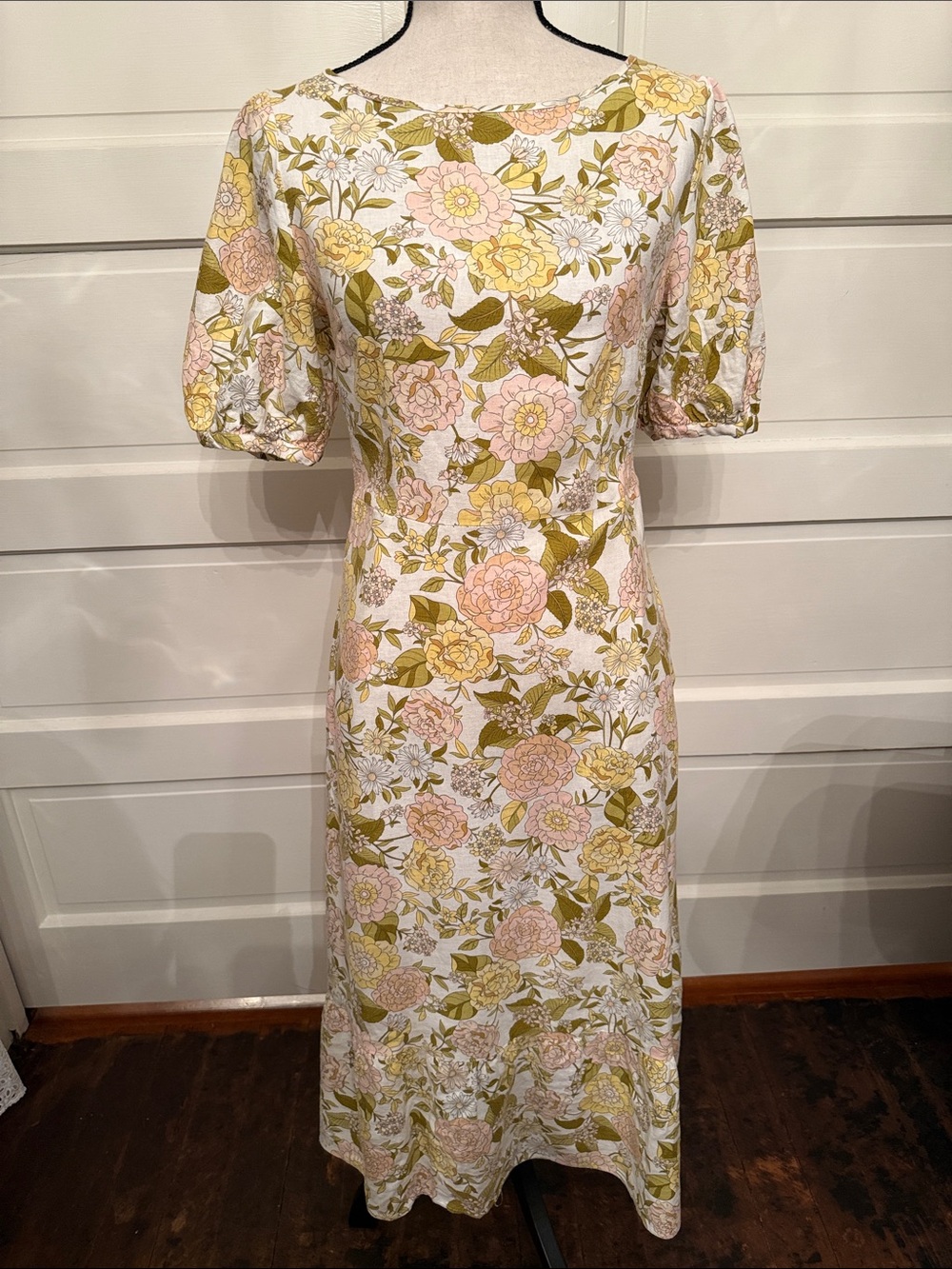 Floral Linen Blend Cottagecore Midi romantic sweet summer Dress